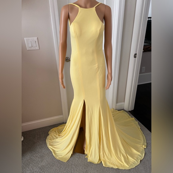 Long Formal Yellow Dress (new with tags) Spaghetti Straps, Split-Front, Backless - Picture 3 of 14